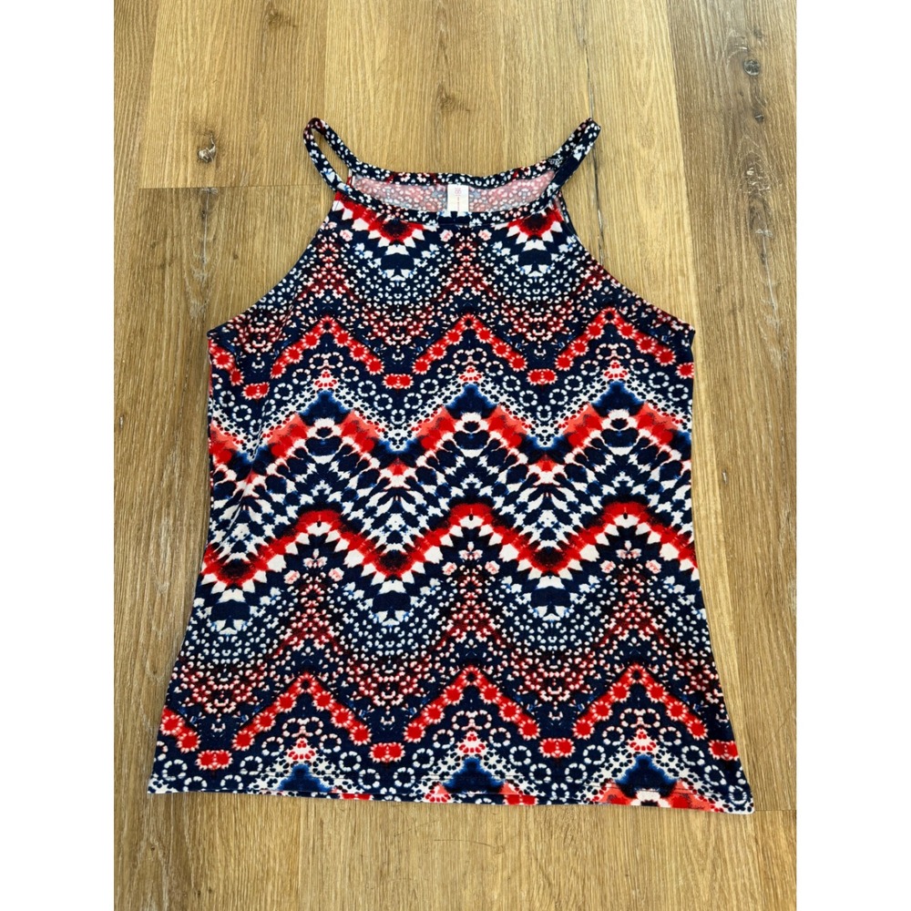 Americana Tank Top Womens XL Blue Red Combo Chevron Halter Neck Patriotic Boho